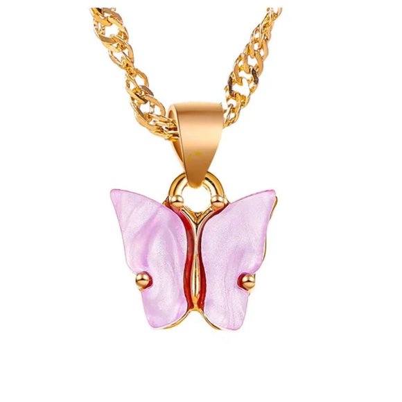 Necklace Butterfly Pendant Lavender Shell with Gold Tone Chain - Picture 1 of 1